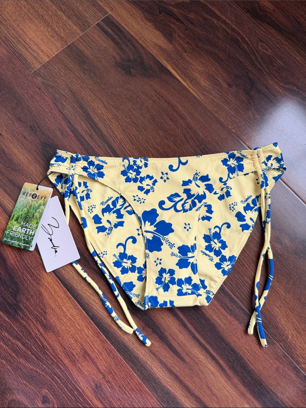 Bamba Lana Bikini Bottom Hawaiian Yellow and Blue Side Tie Size Small New